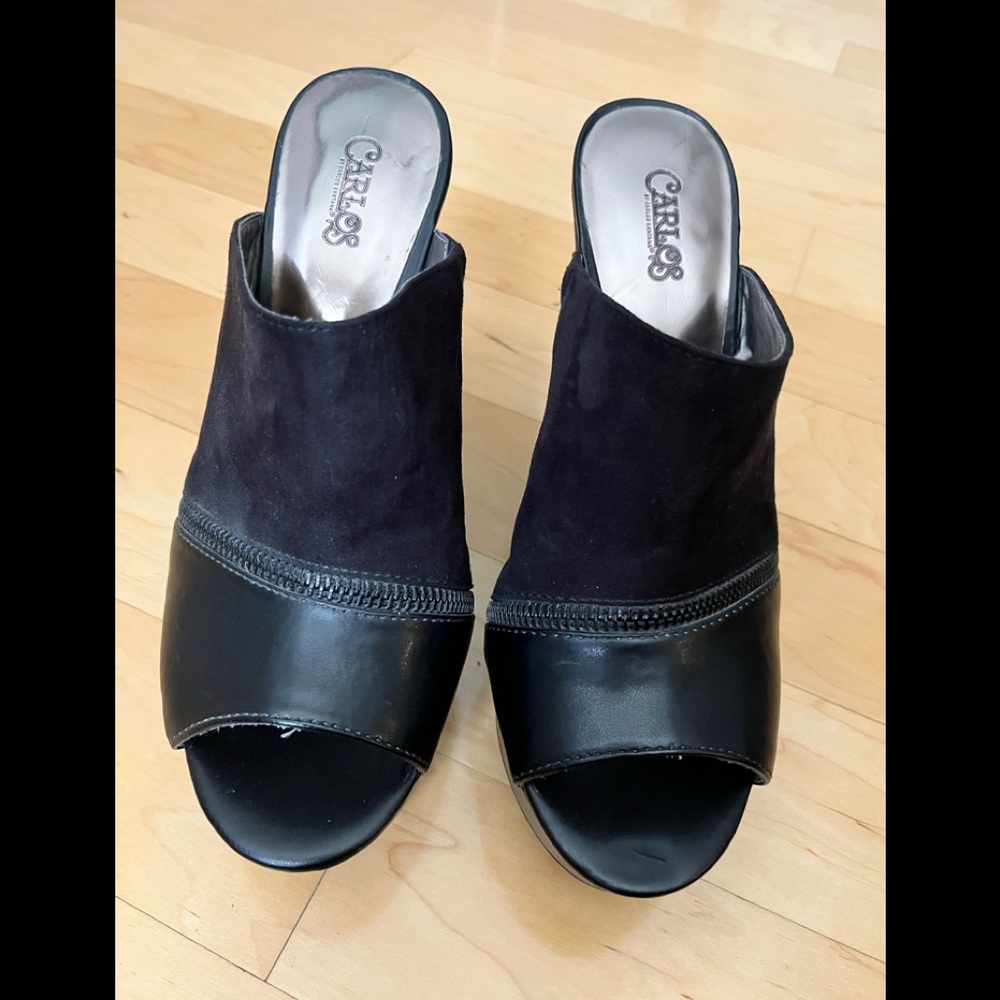 Carlos by Carlos Santana Mercury Wedge Sandals. Black leather and suede. Size 9